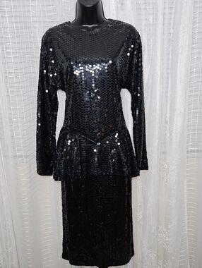 Vintage 1980s Black Sequin Cocktail Dress w/Peplum Punk Rock-Goth Whimsy Sz 10